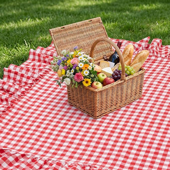 2-in-1 Extra Large Waterproof Picnic Blanket, 71x90in Dual Layers Portable Red Gingham Ruffled Mat Giant Beach Towel Yoga Leather Accessories Outdoor Camping Hiking Music Festival Pad