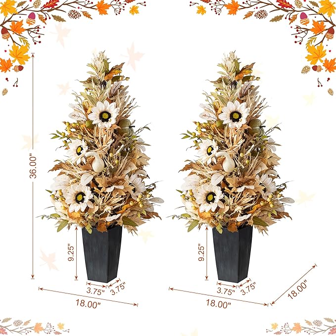 Glitzhome 2 PCS 36”H Fall Porch Tree, Harvest Artificial Porch Tree with Sunflower, Pinecone and Berry Porch & Black Planter, for Autumn Fall Harvest Thanksgiving Christmas Decoration