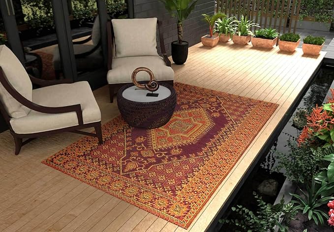 Mad Mats Traditional Outdoor Rug, Reversible Plastic Mat (4' x 6', Oriental Turkish - Rust)
