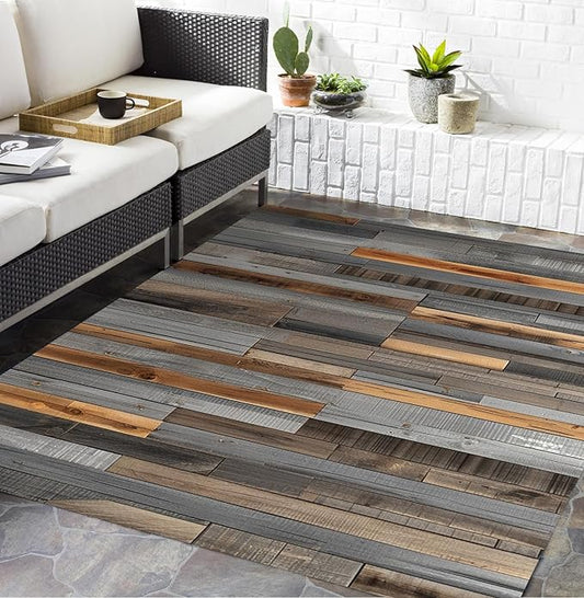 Gray Brown Old Wooden Outdoor Rug 5x8 Rustic Wood Grain Waterproof Outdoor Area Rug for Balcony Backyard Patio Deck Pool Modern Washable Stain Resistant Camping Picnic Outside Carpet Floor Mat