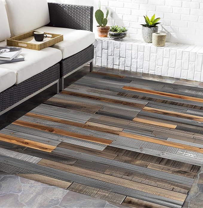 Gray Brown Old Wooden Outdoor Rug 3x8 Rustic Wood Grain Waterproof Outdoor Area Rug for Balcony Backyard Patio Deck Pool Modern Washable Stain Resistant Camping Picnic Outside Carpet Floor Mat