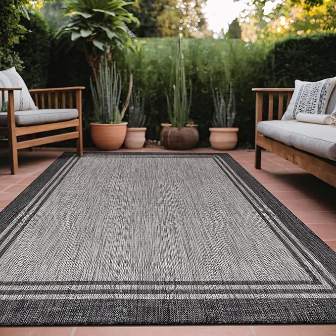 Bordered Outdoor Rug 6x9 Washable Outside Carpet for Indoor Patio Porch Waterproof Easy Cleaning Non Shedding Area Rugs Dark Gray 6 x 9