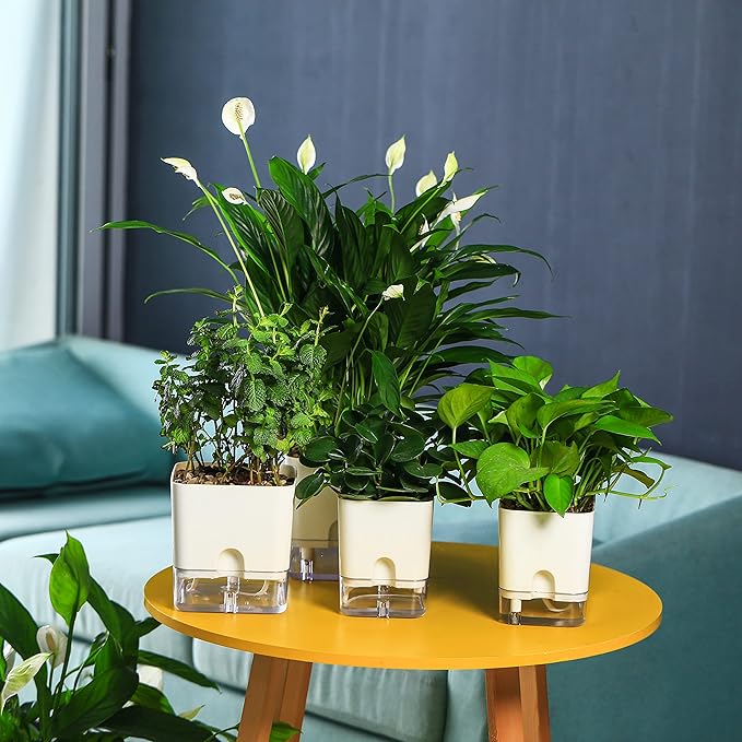Planterhoma Self Watering Plant Pots for Indoor Plants 7/10 inch, 4 Packs Square Self-Watering Planters with Drainage Hole, White African Violet Pots for Devil's Ivy, Spider Plant, Orchid