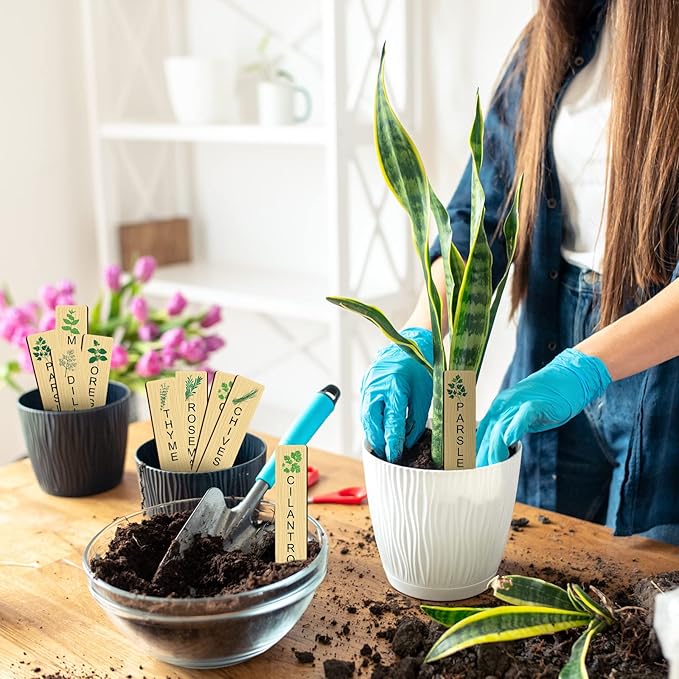 Teling 50 Pcs Wooden Plant Labels with Marker Pen DIY Garden Stakes Sign Sturdy Vegetable Plant Markers Wood Herb Garden Labels for Seed Potted Flowers Outdoor Indoor Kitchen Planter(Classic Style)