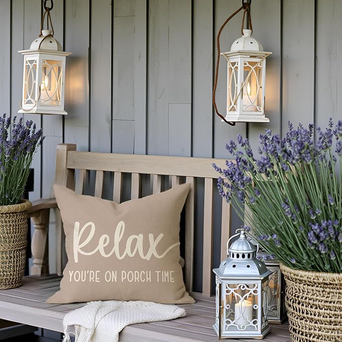 PANDICORN Decorative Throw Pillow Covers 18x18 Inch Relax Porch Time Beige Outdoor Rustic Farmhouse Pillow Decorative Throw Pillows Cases Cushion Covers Decorations for Porch Couch Sofa Decor