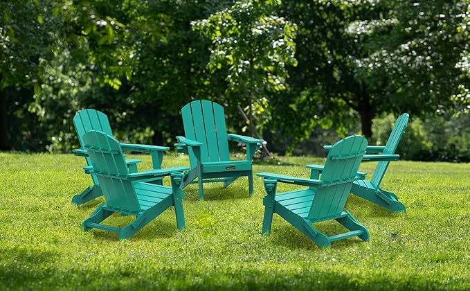 Folding Adirondack Chair Set of 2, Wooden Textured Plastic Adirondack Chairs with 2 Cup Holder, Weather Resistant HDPE Fire Pit Chair, Outdoor Patio Chairs for Garden, Backyard, Lawn, Deck, Lake Blue
