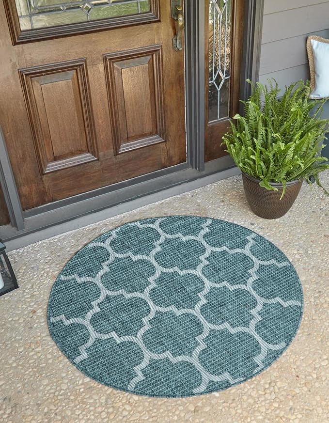 Unique Loom Outdoor Trellis Collection Area Rug (12' Round Teal/Gray)