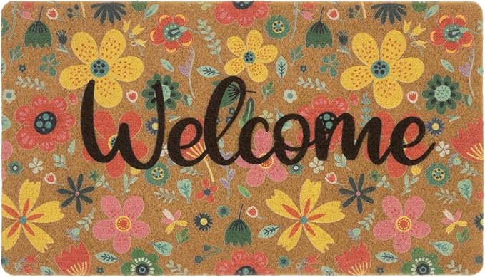 Spring Floral Welcome Mats for Front Door, Indoor, Outdoor, Entryway, Faux-Coir Seasonal Thin Doormat 17"X30", Outdoor-Porch-Rug Non-Slip Dirt-Trapping for Garden, Patio, Backyard