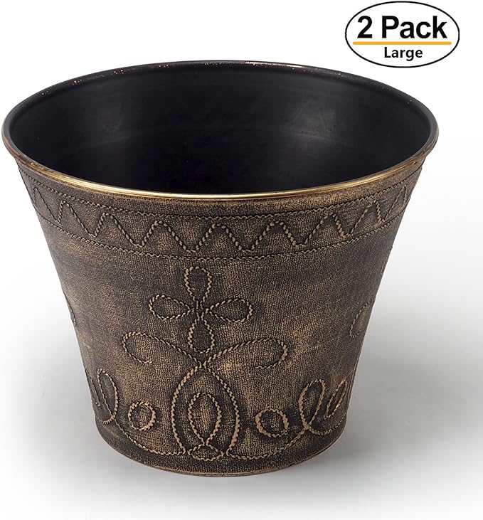 Large Fancy Decorative Planter (2 Pack) Rustic French Country Look Flowerpot Nursery Pot for Indoor, Outdoor, Garden, Patio, Office, Home Decor Use. Long Lasting, Reusable Light Weight (Gold-L)
