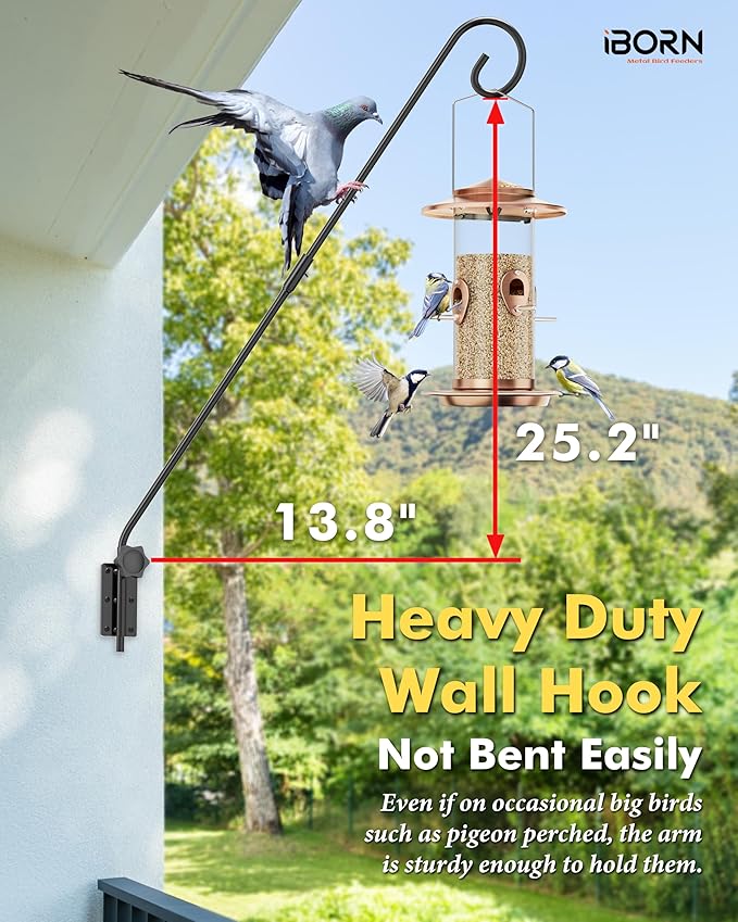iBorn Wall Mount Deck Hook, 28" Hummingbird Feeder Hanger, Heavy Duty Bird Feeder Pole for Hanging Bird Feeder, Planter, Suet Baskets, Wind Chimes, 180° Rotatable Arm, Solid Wire, Pack of 1