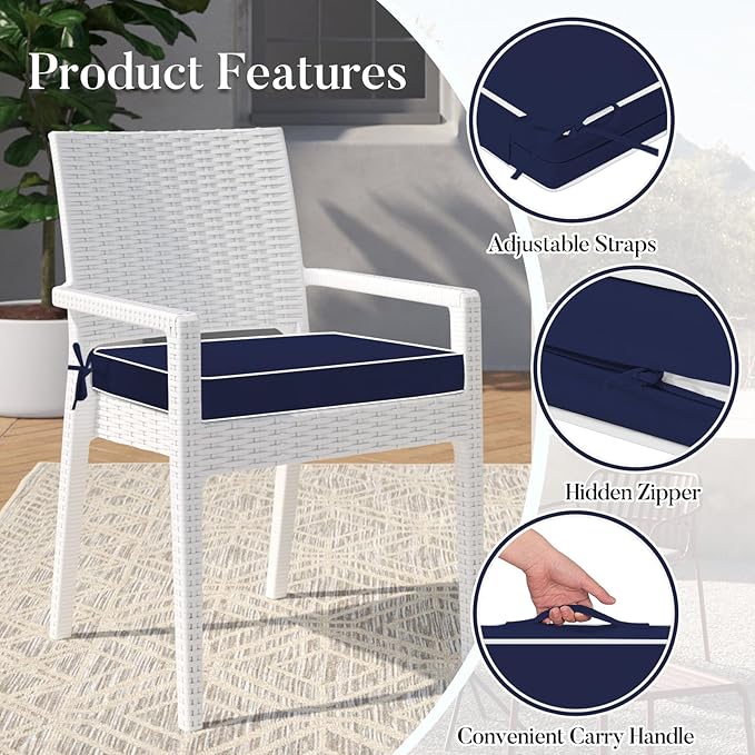 Basic Beyond Outdoor Chair Cushions for Patio Furniture, Waterproof Outdoor Seat Cushions Set of 4 19 x 19, Patio Chair Cushions Set of 4 with Ties and Handle, Navy Blue/White
