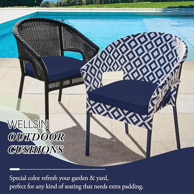 Wellsin Outdoor Chair Cushions for Patio Furniture - Patio Chair Cushions Set of 6 - Water Resistant Round Corner Outdoor Seat Cushions 17"X16"X2", Navy