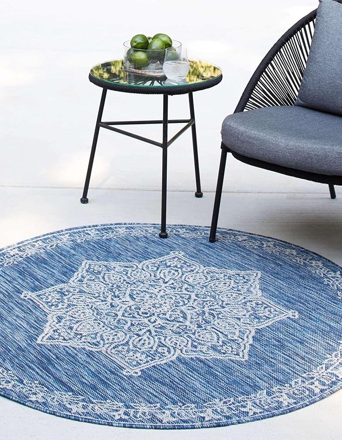 Unique Loom Outdoor Traditional Collection Area Rug - Antique (10' Round Blue/Ivory)
