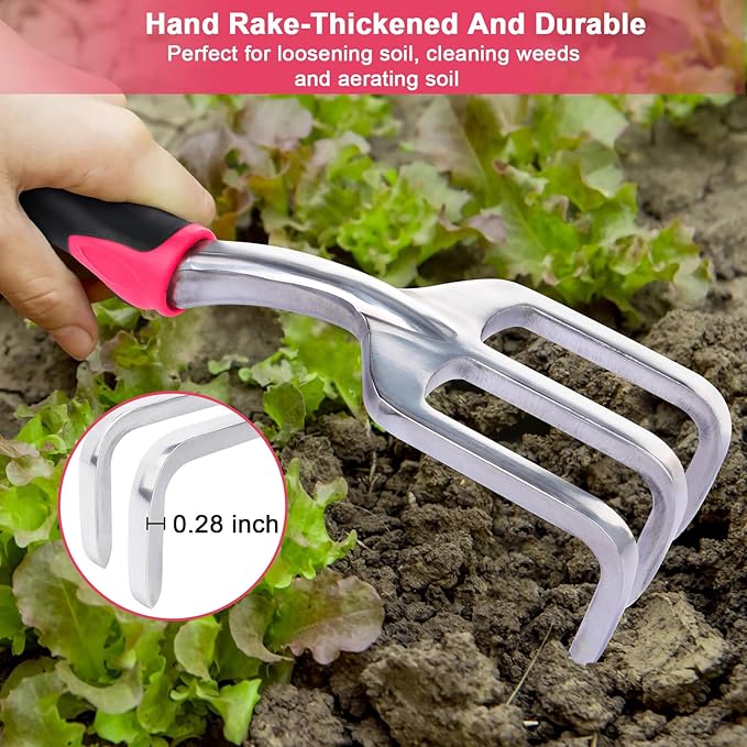 Garden Tools Set, 3 Pack Heavy Duty Gardening Tools Set Include Garden Shovel, Transplant Trowel and Hand Rake with Ergonomic Handle, Aluminum Alloy Lawn for Planting Tools, Red