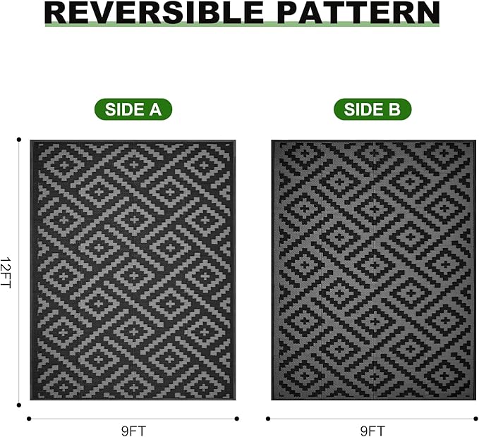RURALITY Outdoor Rugs 9x12 Feet for Patios Clearance,Plastic Straw Waterproof Mats for RV,Backyard,Porch,Deck,Balcony,Black&Deep Grey