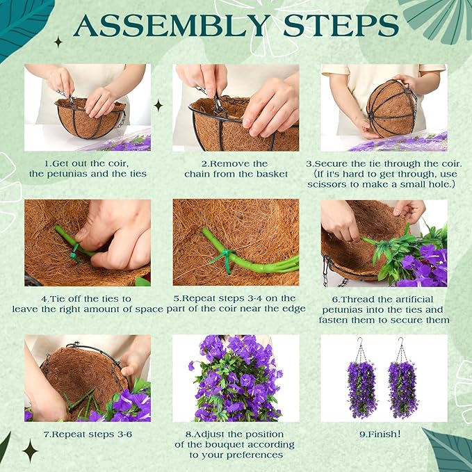 Hotop 2 Set Artificial Hanging Flower Basket and 6 Pcs Bougainvillea Silk Vine Flower for Outdoor Indoor UV Resistant Faux Hanging Plant Coconut Lining Planter Pot(Purple)