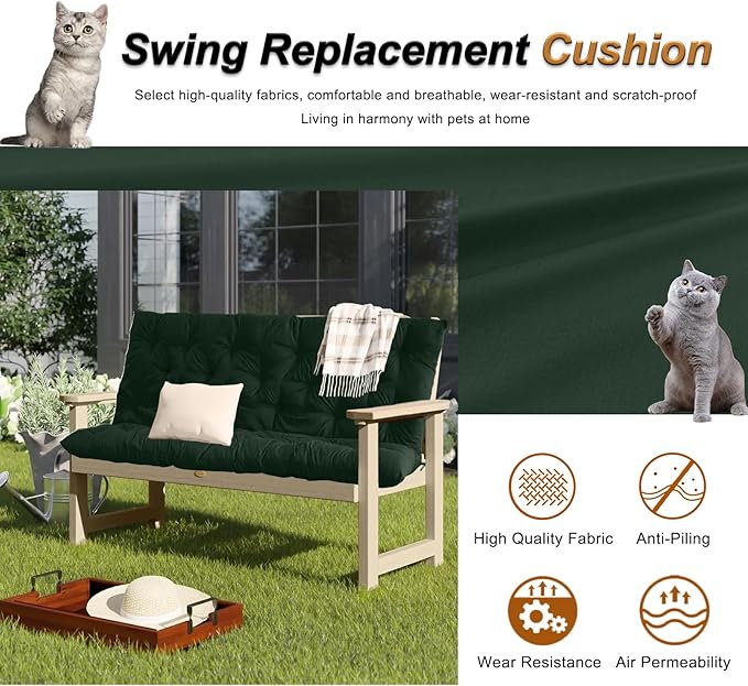 2-3 Seat Swing Replacement Cushion, Outdoor Bench Cushions with Backrest Thicken 4", Patio Furniture Garden Porch Loveseat Glider Pad Anti-Fading Waterproof (Dark Green, 40x40in)