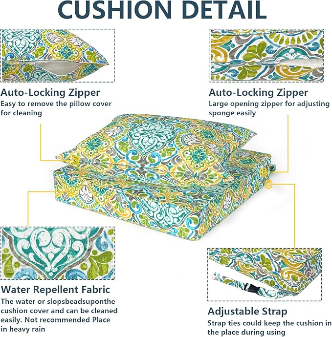 Outdoor Deep Seat Cushion Set, Water Repellent 24"x24" Patio Thick Cushions Replacement with Seat & Back Pillow for Patio Sofa, Wicker Chair, Couch - Damask Green