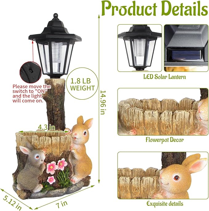 Solar Bunny Garden Stalue Outdoor, Rabbits Figurine Flowerpot Decolwith Solar Lantem for Yard Art Lawn Ornaments Porch Patio Balcony - Gardening Gifts for Women Mom