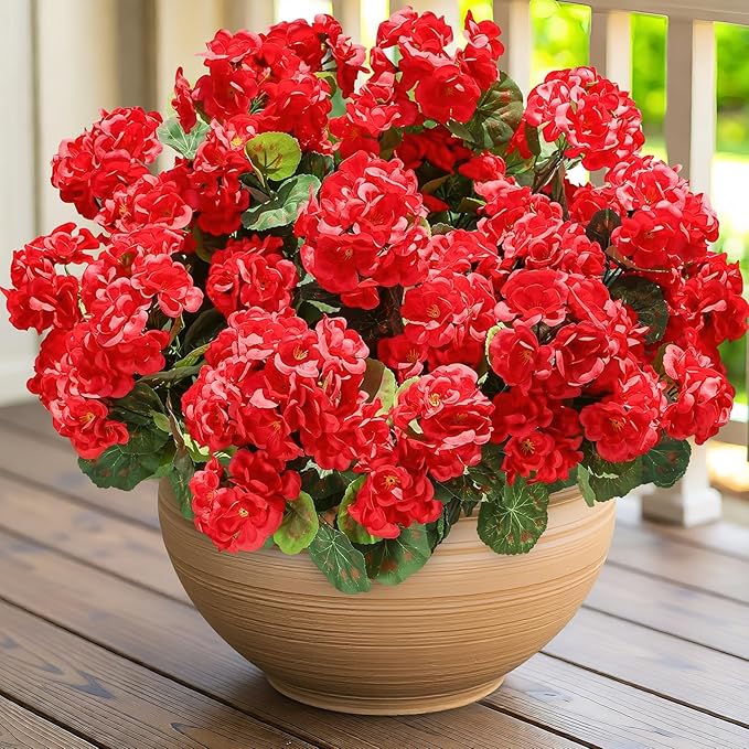 famibay Artificial Flowers for Outdoor Indoor Garden Home Decoration, 8 Bundles Silk Geraniums UV Resistant Look Real Faux Plants for Front Door Porch Planter Urn Patio Garden, Red