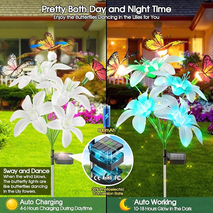 Garpar Solar Lily Lights with Swaying Butterflies, Upgraded Garden Solar Lights Outdoor Decorative, Waterproof Color Changing Garden Decor for Outside Yard Lawn Pathway Gift for Mom Women Grandma