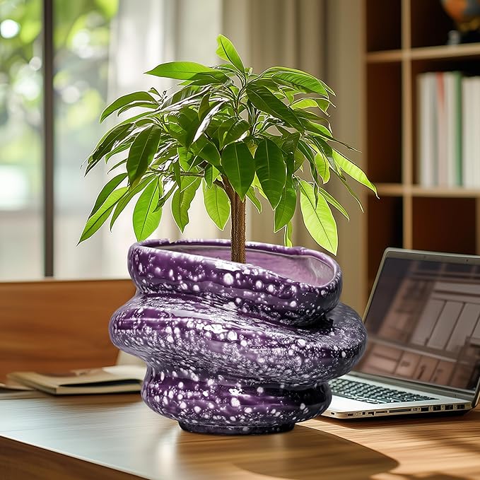 Ceramic Pots for Plants - 10.6 Inch Ceramic Plant Pots Indoor with Drainage Hole, Unique Planters for Indoor Outdoor Plants, Decorative Planter, Garden Room Decor, Housewarming Gifts, Purple