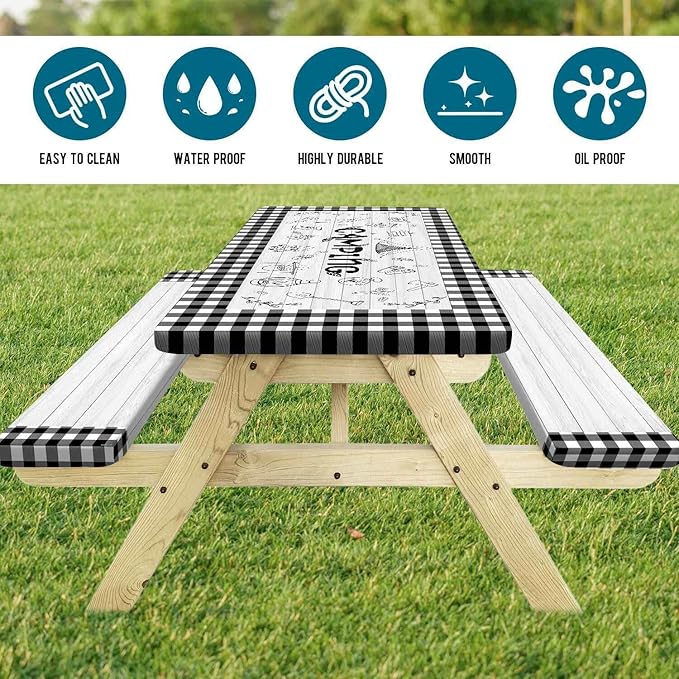 Picnic Table Cover with Bench Covers Checkered Camping Tablecloth, Waterproof Windproof Reusable Picnic Table Covers with Drawstring Bag, Outdoor Patio Camping Essentials, 60In 3PCS