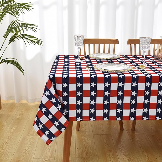 Waterproof July 4th Tablecloth Fabric - Rectangle 58x84 Inch Classic Gingham USA Themed Table Cloth for Indoor/Outdoor Use - Washable Table Cover for Kitchen, BBQs, and Parties
