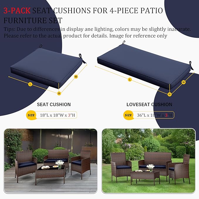 3 Pack Outdoor Replacement Cushions, Fit for 4-Seater Wicker Rattan Patio Conversation Set, 36x18x3,18x18x3, Liner & Cover