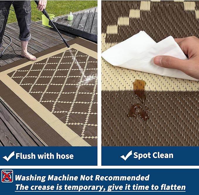 Outdoor Rug for Patio 9x12 Waterproof Camping Mat Reversible Plastic Straw Floor Carpet Modern Diamond Indoor Outdoor Large Area Rug for RV Deck Balcony Backyard Brown/Coffee