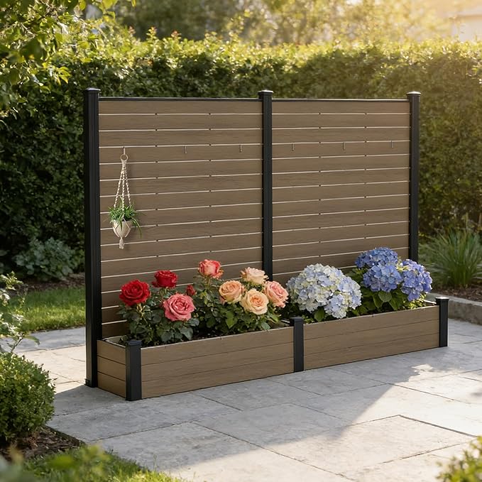 Kozyard 2Pack Privacy Screen with Planter, 70" H x 51" W Outdoor Garden Screen, Waterproof Aluminum Frame with Thick Wood-Plastic Boards, Decorative Privacy Screen for Patio, Balcony & Backyard Beige