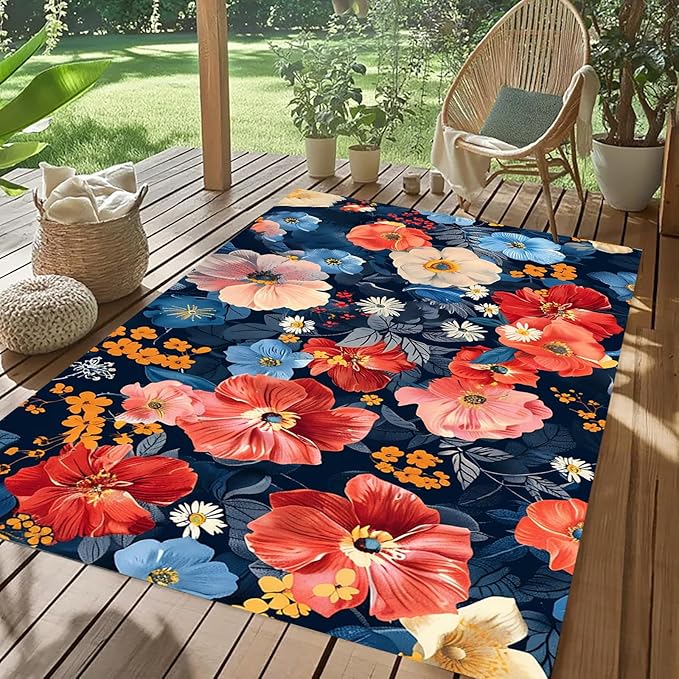 Vintage Floral 10x14 Outdoor Area Rug Country Rustic Navy Blue Red Pink Flower Pattern Outdoor Rug for Garden Backyard Balcony Patio Deck Washable Quick Dry Thin Carpet Waterproof Picnic Camping Mat