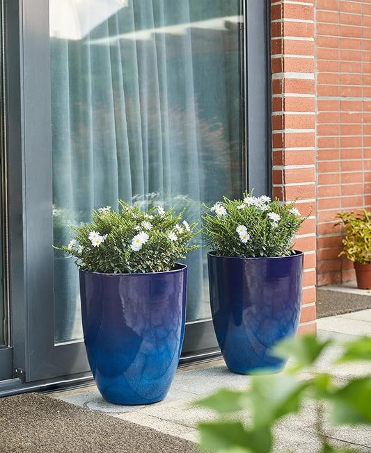 Glitzhome 16.75" H Garden Tall Planter Pots,Set of 2 Morden Round Faux Ceramic Tall Planter with Drainage Holes,Large Flower Pots for Outdoor Indoor,Cobalt Blue
