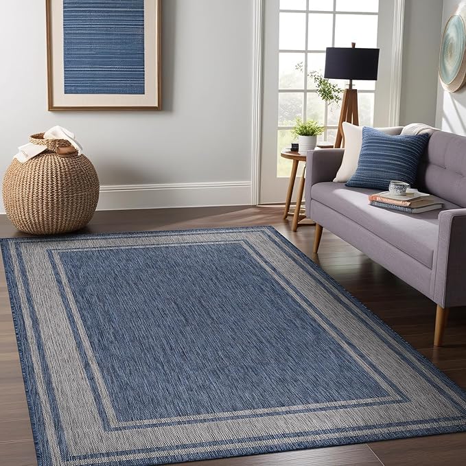 Beverly Rug Outdoor Rug 8x10 Modern Bordered Area Rugs for Indoor and Outdoor Patio Deck Porch Garden Waterproof Weather Sun Resistant Washable Outside Carpet (8 x 10 Navy)