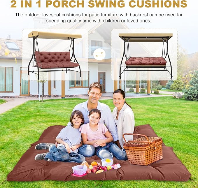 60" Porch Swing Cushion with Backrest, Waterproof Outdoor Bench Swing Cushions 3 Seater Replacement Thickened Swing Cushions with Ties for Patio Garden Backyard,Coffee,60x40in