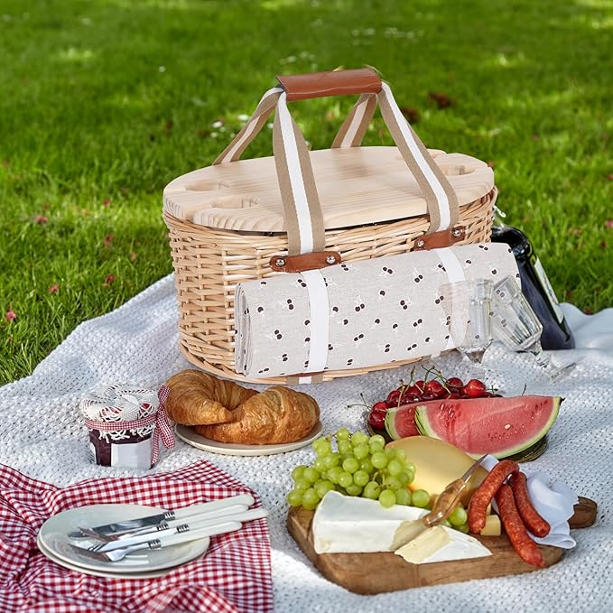 Picnic Basket Set for 4 - Wicker Insulated Picnic Basket with Waterproof Blanket, Folding Wine Picnic Table & Cutlery Kits, Picnic Baskets Kit for Camping, Outdoor, Valentine (Cherry)