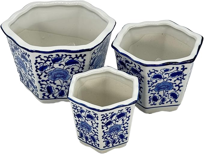 Galt International Blue & White Floral Porcelain Ceramic Decorative Flower Pot 8"/6"/4.5" Garden Pots Chinese Asian Design - Set of 3 Hexagonal