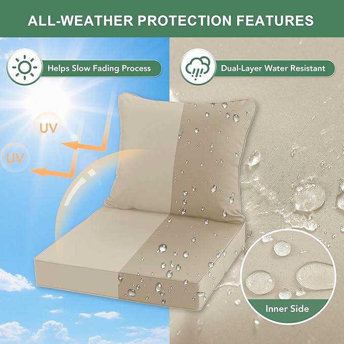 Outdoor Chair Cushion Weather Resistant, Backrest and Seat Cushion Set for Patio Furniture with Waterproof Removable Cover, 19 x 19 Inch, Cream, 1 Set