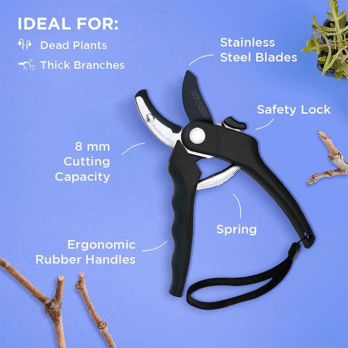 Nevlers 8" Anvil Pruning Shears for Gardening – Garden Shears with Stainless Steel Blades & 8mm Cut Capacity | Hand Pruners for Gardening | Ergonomic Garden Tools | Heavy Duty Scissors w/Safety Lock