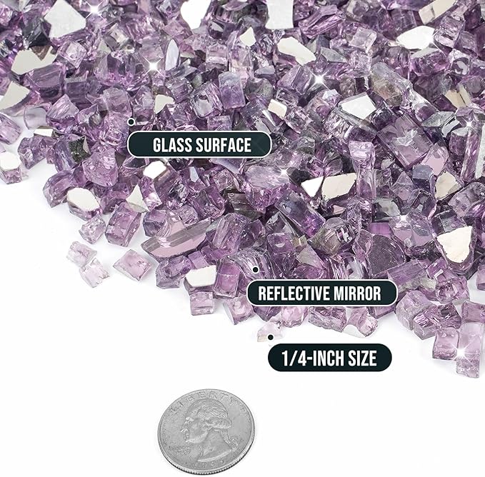 Skyflame 1/4 inch Reflective Fire Pit Glass, High Luster Purple Fire Glass for Gas Fireplace Fire Pit Landscaping