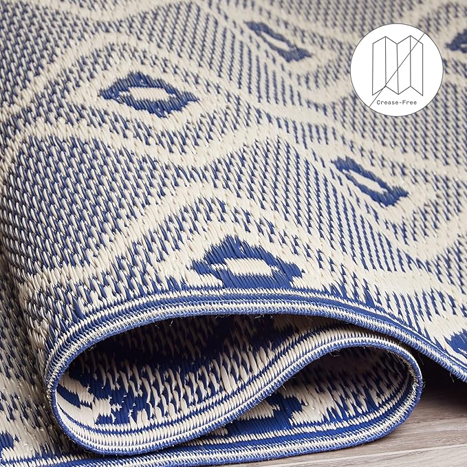 Fab Habitat Outdoor Rug - Waterproof, Fade Resistant, Crease-Free - Premium Recycled Plastic - Boho Geometric Diamond - Patio, Deck, Porch, Balcony, Laundry Room - Rabat - Blue & Cream - 4 x 6 ft