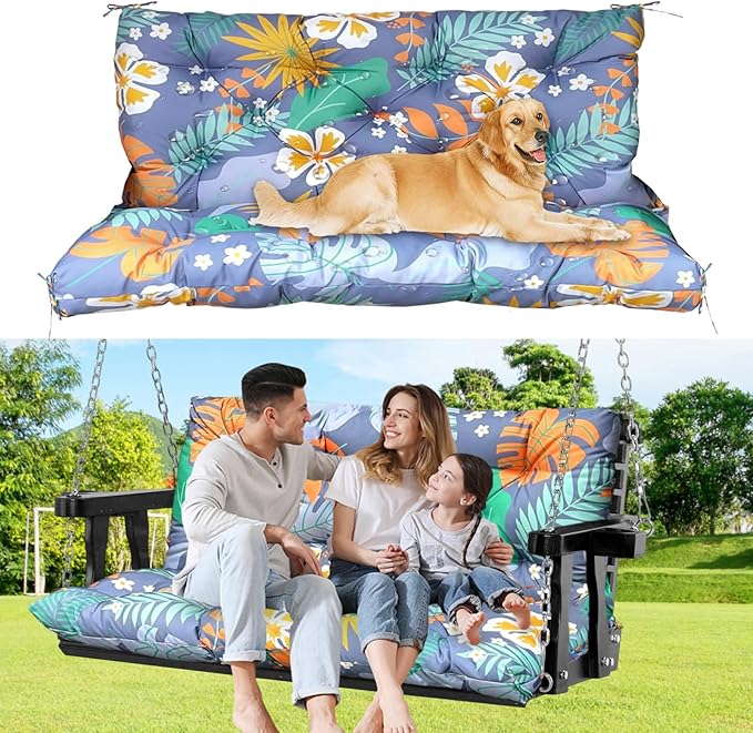 60" Porch Swing Cushion with Backrest, Waterproof Outdoor Bench Swing Cushions 3 Seater Replacement Thickened Swing Cushions with Ties for Patio Garden Backyard,Flower,60x40in