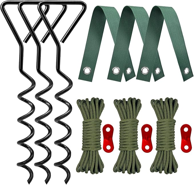 Tree Stakes and Supports, Heavy Duty Spiral Tree Stakes Kit Include 3Pcs Tree Straps for Staking, 3Pcs 16" Steel Spikes, and 39Ft Rope, Tree Supports for Young Tree Anti Strong Wind, Bad Weather