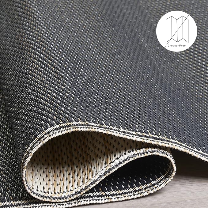 Fab Habitat Outdoor Rug - Waterproof, Fade Resistant, Crease-Free - Premium Recycled Plastic - Neutral Striped - Large Patio, Deck, Sunroom, Camping, RV - Cancun Shadow - Sand & Black - 6 x 9 ft