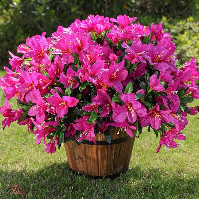 INSPRING Artificial Fake Flowers for Outdoors Spring Outside Decoration, 3 Bundles Silk Azalea Faux Plants UV Resistant Realistic Outdoor Flowers for Planter Porch Patio Garden Walkways Home, Fuchsia