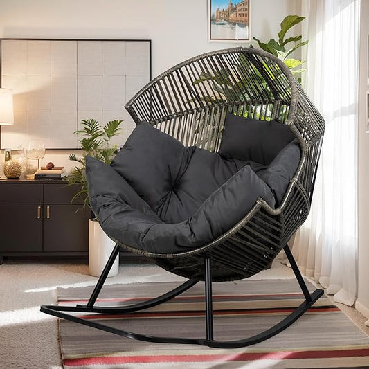 Vongrasig Wicker Egg Chair PE Rattan Rocking Chair with Cushion, Oversized Patio Lounge Rocker Chair for Outdoor, Indoor, Balcony, Backyard, Garden, Black/Rattan
