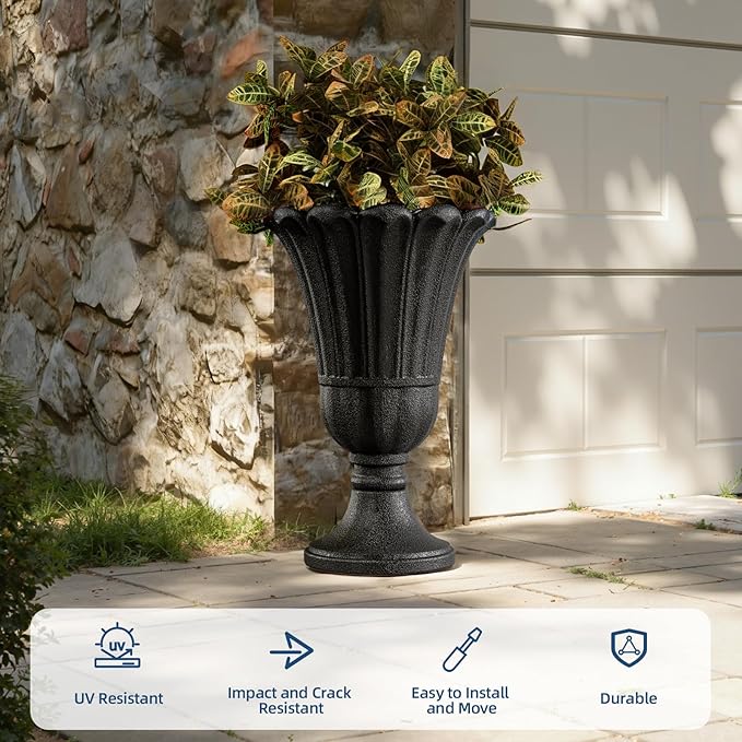 Tall Plastic Urn Planters for Outdoor Plants Set of 2-23.6" H Classic Petal Design Indoor Large Flower Pots with Drainage Holes, Outdoor Planters for Porch Decor/Garden Vase, Black