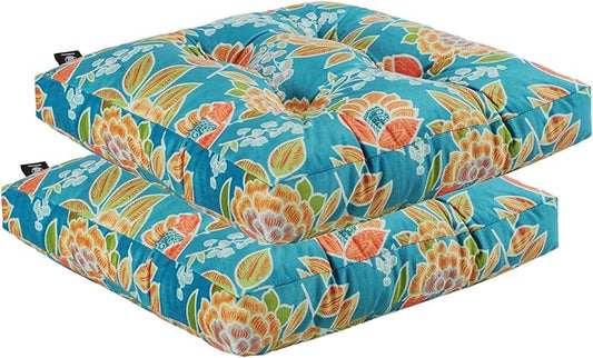 2-Pack Outdoor/Indoor Wicker Patio Seat Cushion Pad with Ties - Dining Chair Cushion, 17" x 17" (Green Bottom Flowers)