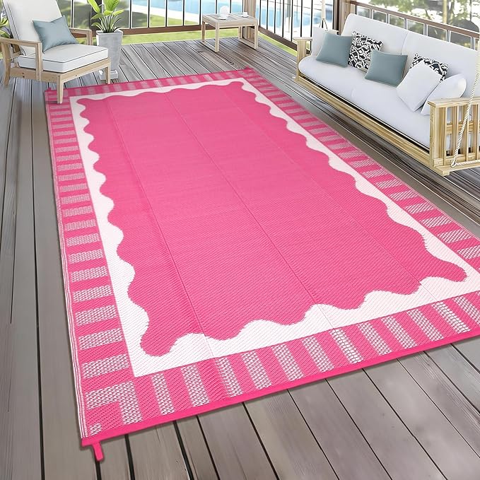 9x12 Outdoor Rug Waterproof Foldable Plastic Straw Carpet for Patio Porch Scalloped Border Reversible Mat Lightweight Floor Mat for Picnic, Backyard, Rv, Beach, Camper, Balcony，Rose Pink