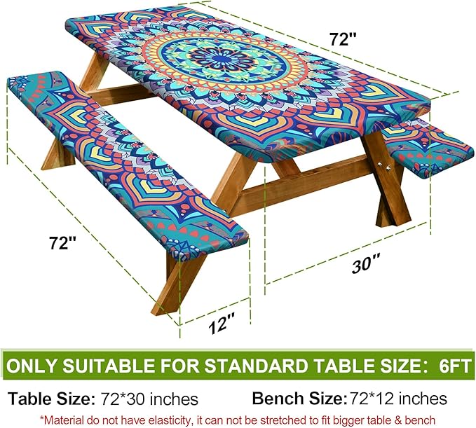 Picnic Table Cover with Bench Covers 6FT 3 Pcs Waterproof Windproof Aesthetic Camping Tablecloth with Drawstring Bag, Fitted for 6 Foot Rectangle Tables and Seats, 72 inch, Yellow Blue Orange